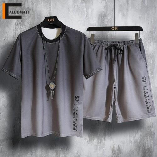Fashion Summer Mens Sets Tracksuit Men Short Sleeve Gradient Print T-shirt Shorts 2 Piece Street Hip Hop Male Sportswear Suit