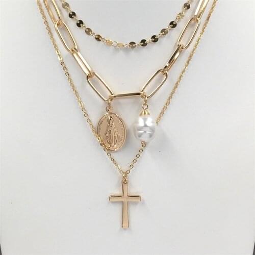 Girly Gold Color Plating Round Disc Chain Oval Coin Pearl Layered Necklace For Gorgeous Delicate Feminist Party DecoratedJewelry