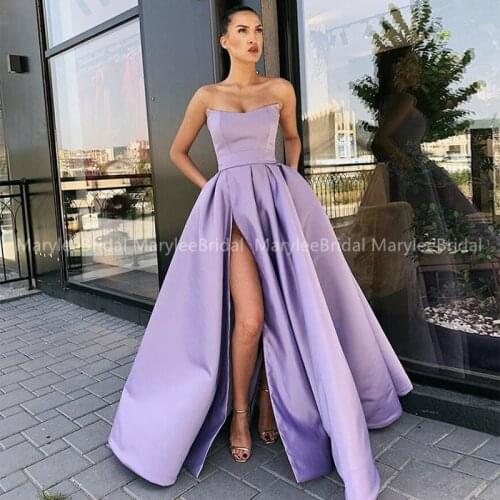 A-line Strapless Lavender Prom Dress With Pockets High Slit Draped Skirt vestido vermelho longo Floor Length Simple Party Gowns