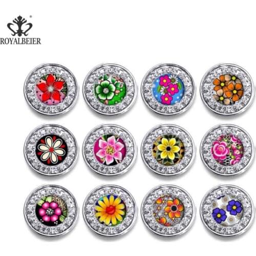 ROYALBEIER 12pcs/lot Cherry Blossoms Flower Pattern 18mm Snap Buttons Rhinestone For Women DIY Bracelet Accessories KZ1017
