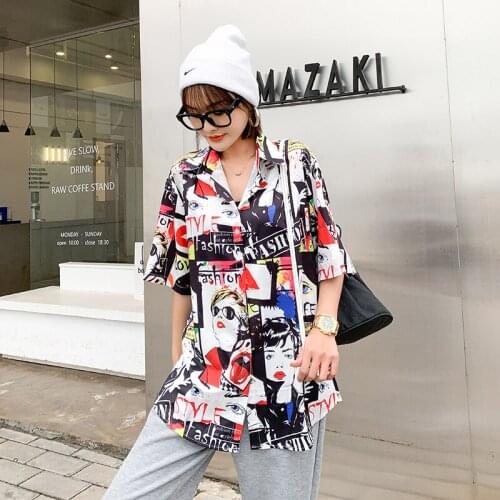Casual Personality Printing Cartoon Portrait Niche Lazy Retro Short-sleeved Shirt Fashion Loose Thin 2021 Summer New Female