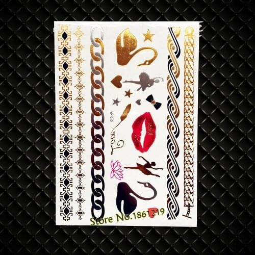 Sexy Lipstick Gold Temporary Tattoo Removable, Health Fake Flash Tattoo Jewelry Stickers, Golden Swan Bracelet Desings Tatoos