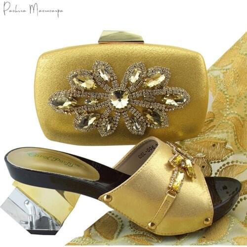 Italian Design Lastest Nigerian Fashion Maple leaf shape Rhinestone Style Ladies Shoes and Bag Set in Gold Color for Party