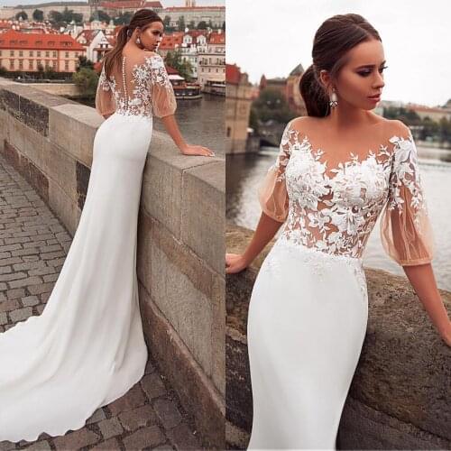 Sheath Wedding Dresses White and Skrin Tulle Jewel Neckline See-through Bodice Applqiues Bridal Gowns