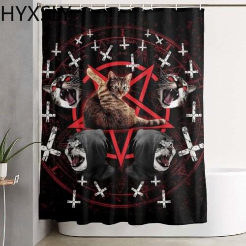 Waterproof Polyester Fabric Shower Curtains Satanic Cat Pentagram Cartoon Printing Bathing Screen Quick Dry Home Bathroom Decor