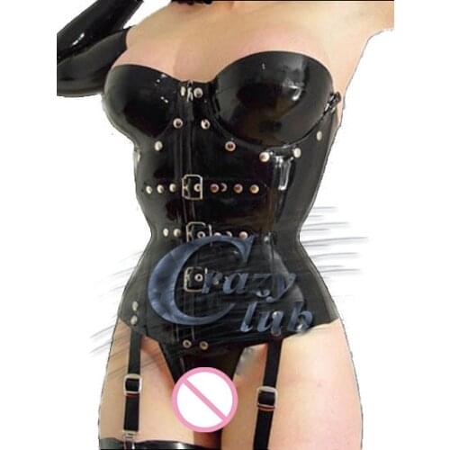 Crazy club_Women Latex Corsets Female Clothes Open the front with belt and ballon bra back costume sexy latex Sale Fast Delivery