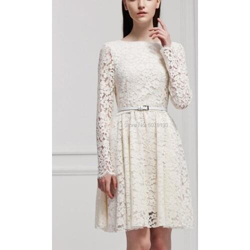 10256 ivory Fashion O-neck natural A-line above-knee lace short homecoming dresses/formal gowns full-sleeves&belt free shipping