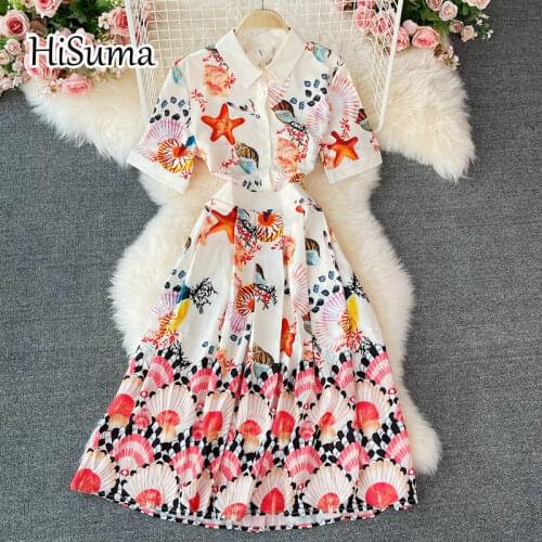 2021 summer new womens stand collar short sleeve print chiffon A-line dress female chic pleating dresses