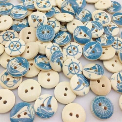 100pcs 2 Holes Round Wooden Buttons Blue Nautical Design Scrapbooking Sewing DIY Accessories WB217