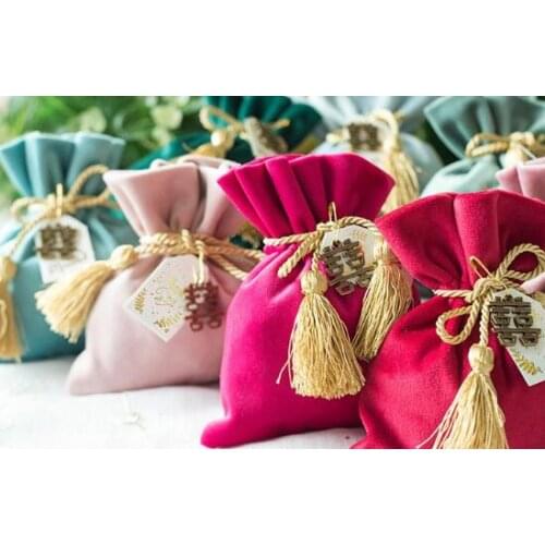 100pcs lot Unique Double Happiness Velvet Anniversary Engagement Favour Bags Wedding door gifts candy bag wholesales