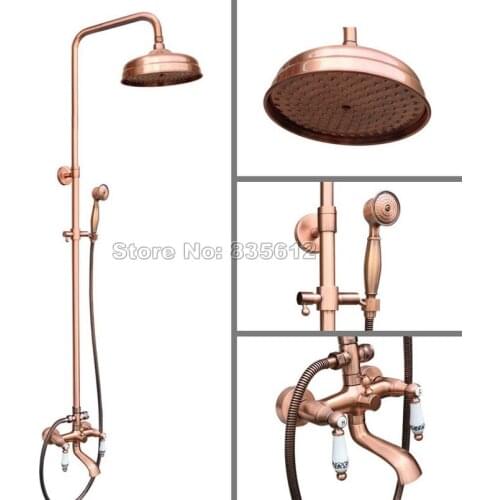 Antique Red Copper Bathroom Rain Shower Faucet Wall Mounted Set Dual Ceramic Handles Bathtub Mixer Tap + Hand Spray Wrg541