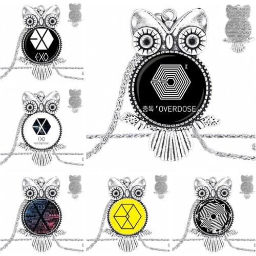 EJ Glaze Fashion Star EXO Bronze Color Glass Cabochon With Owl Shaped Pendant Choker Necklace For Women Gifts Boy