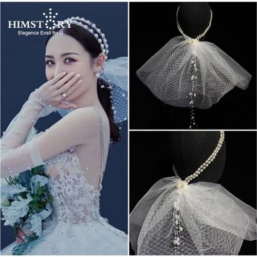 Himstory Bride Korean Double Layers Pearl Headband Wedding Veil Headdress White Silk Yarn Photography Hair Accessories