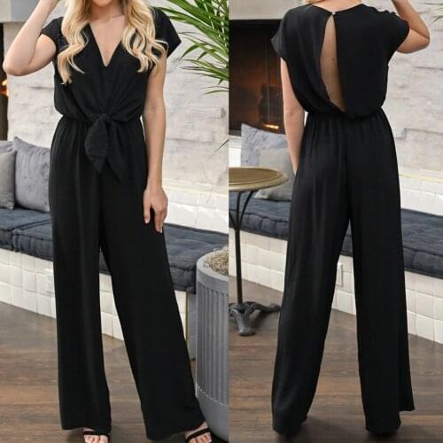 Summer New Fashion Women Simple Style V-neck Jumpsuit Playsuit Romper Wide Leg Summer Holiday Beach Long Loose Pants