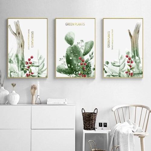 Small and Pure Fresh Plants Flowers Wall Art Posters Cactus Green Leaves Red Flowers Canvas Painting for Living Room Decoration