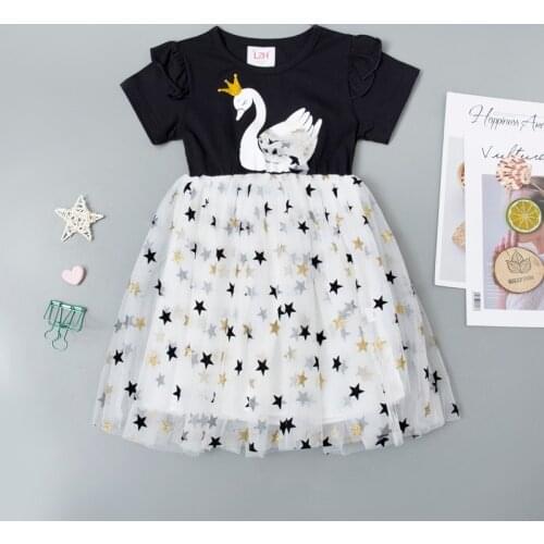 2021 New Summer Short Sleeve Kids Star Mesh Princess Dresses For Girls Costume Splicing Teens Little Girls Dresses 3-8 Years Old