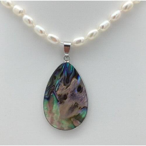 New natural freshwater pearl necklace 5-7NN Abalone shell pendant 26X50MM 925 sterling silver clasp 001