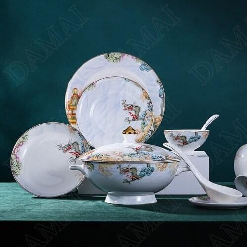 Painted Ceramic Plate Relief Longxiang Skyrim Decorative Main Course Chinese Restaurant Serving Tray Home Kitchen Tableware