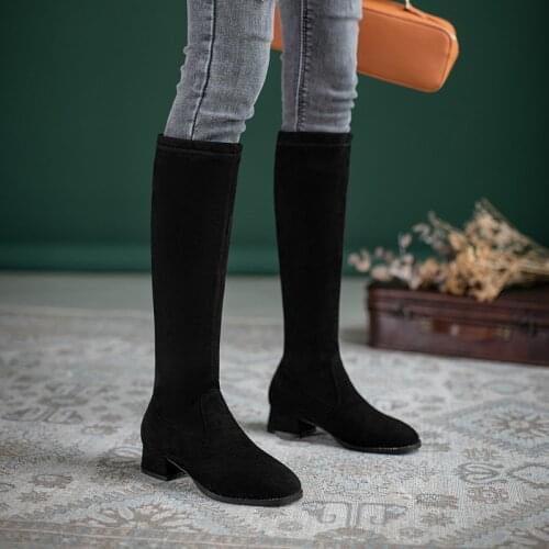Autumn Winter Knee High Boots Women Suede Block High Heel Long Boots Round Toe Rivet Shoes Lady Party boots Botas de mujer31 32