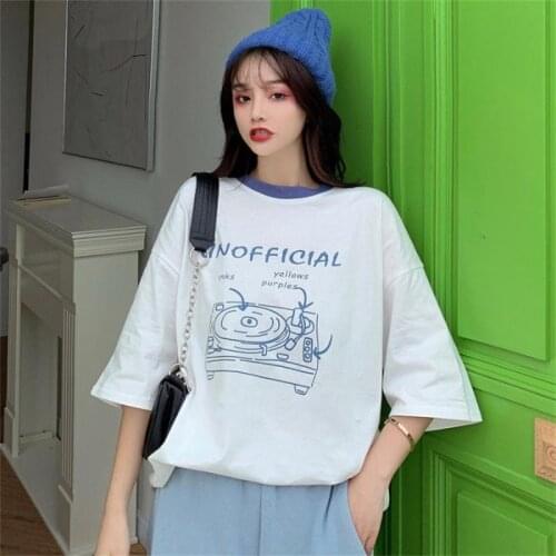 Casual Lazy Letter Cartoon Print Tshirt Womens T-shirts Tops Japanese Kawaii Ulzzang Female Korean Harajuku Clothes For Women