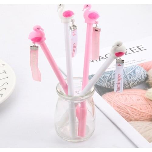 24 PCS Creative Stationery Cartoon Black Water-based Pen Pink Flamingo Neutral Pen Student Stationery kawaii