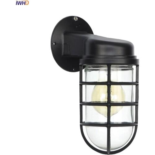 IWHD American Country Retro LED Wall Lights For Home Lighting Black Metal Bathroom Mirror Stair Light Glass Vintage Wall Lamp