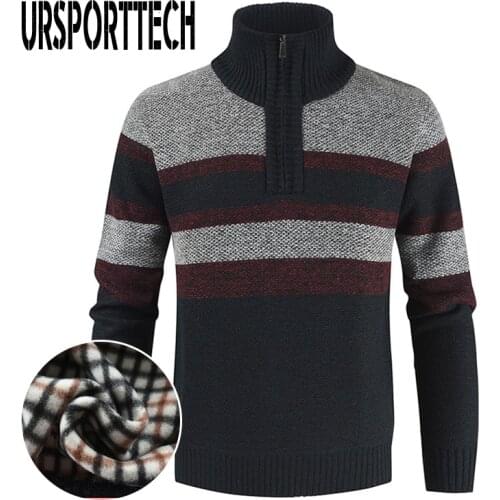 URSPORTTECH Knitted Sweater Pullover Men Fleece Jackets Casual Stand Collar Male Coats Zipper Men Knitting Sweater Plus Size 3XL