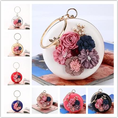 PU Evening Bag New Flower Pearl Dinner Bag Fashion Simple Hand Hold Single Shoulder Cross Slap Fine Small Round Bag with Change