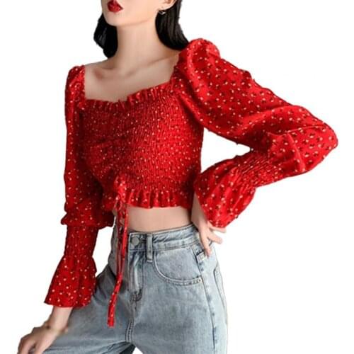 2021 Spring Fashion Vintage Women Blouse Square Neck Drawstring Long Sleeve Floral Ruffles Chiffon Shirt Tops Blouses