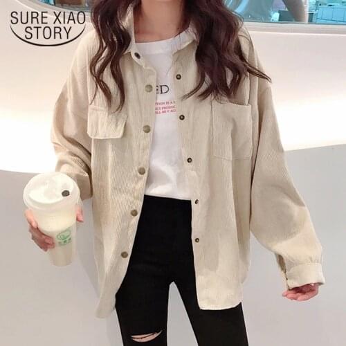 2020 Autumn Fashion Women Corduroy Jacket Solid Shirt Single Breasted Turn down Collar Long Sleeve Pocket Button Feminina 11382