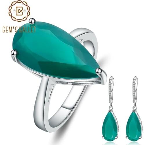 GEMS BALLET Natural Green Agate Gemstone Earrings Ring Sets For Women Genuine 925 Sterling Silver Water Drop Fine Jewelry Set