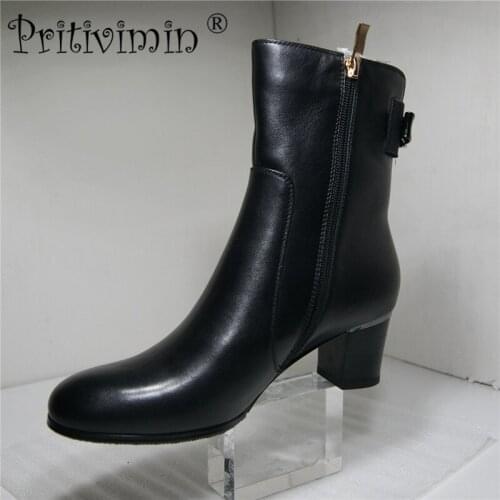 Pritivimin FN204 ladies warm plush botas footwear girls leather thick high heeled ankle boots women fashion buckle side zip shoe