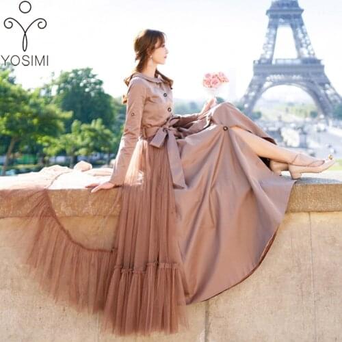 YOSIMI Khaki Women Wild Long Trench Coat Outerwear 2020 Autumn Winter Mesh Clothe Women with Belt Slim Maxi Female Coat Sashes