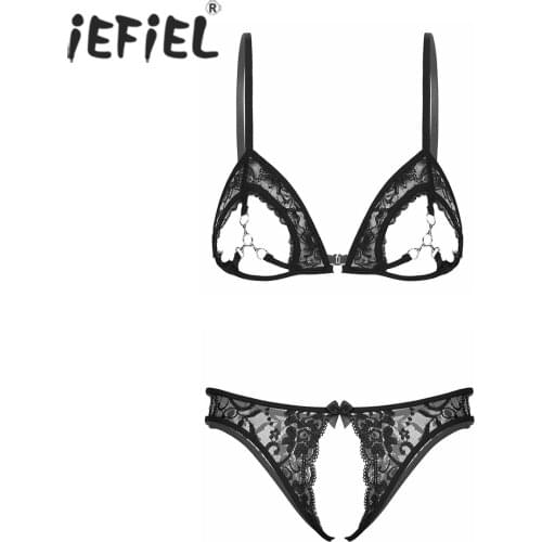 Women See Through Mesh Hallow Out Bra Tops with Low Waist Crotchless Thongs Underwear Floral Lace Sheer Sexy Lingerie Suit