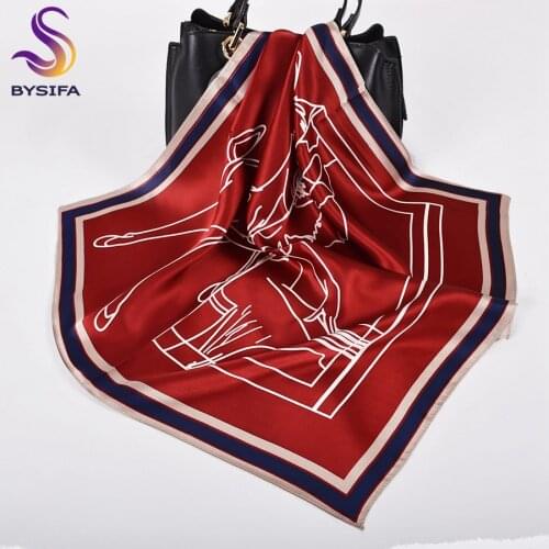 [BYSIFA] Wine Red Small Square Scarves Headscarves Women Brand Accessories Horse Design 100% Pure Silk Scarf 53*53cm Silk Ribbon