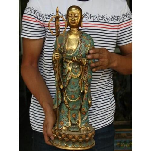 18" Tibet Cloisonne Bronze Stand TangSeng Ksitigarbha Buddha Spade Statue