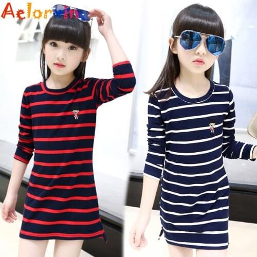 Aelorxin 2017 Kids Girls Dress Cotton Striped Long Sleeve Girls Clothing Autumn Casual Children Girls Dress 4 - 14 Years Old