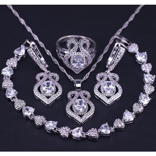 White Cubic Zircon & Crystal Silver Color Jewelry Ring Earrings Necklace Bracelet Set Bridal/Anniversary/Engagement