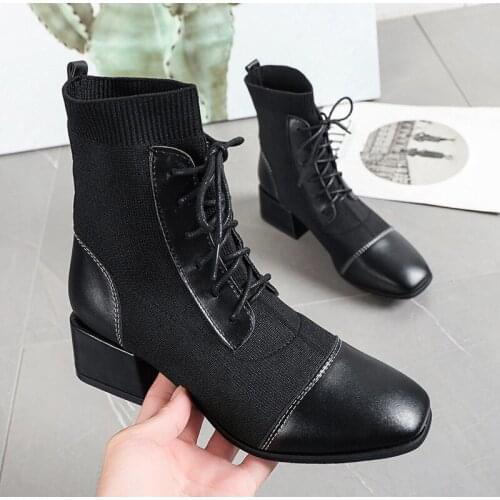 Sock Ankle Boots Ladies Pumps Shoes Knitted Lace Up Squre Toe Chunky Heels Fashion Woman Boot New New Female Nice Women