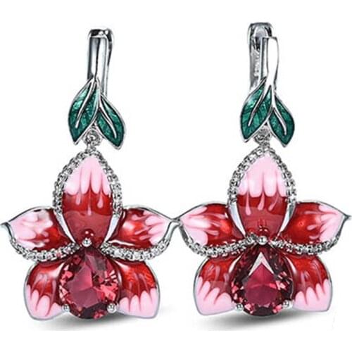 BLACK ANGEL Red Enamel Rose Flowers Ruby Water Drop Shaped Gemstone Clip Earrings For Women Fashion Jewelry Christmas Gift