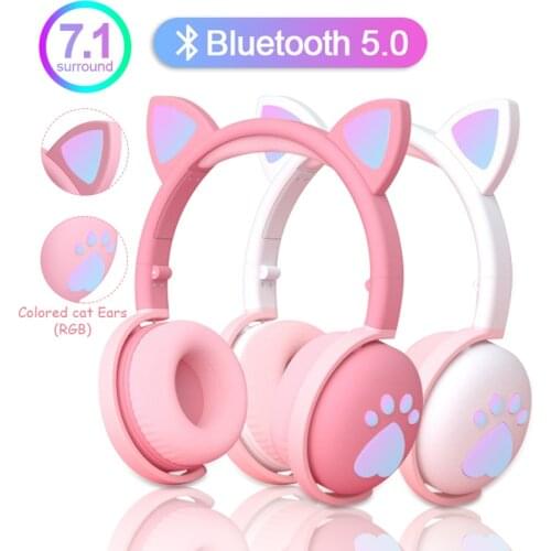 Cute Cat Ear Kids Headphones Wireless earphones LED light Cat Paw Girls Gift Bluetooth Headset HIFI Stereo Bass With Microhpone