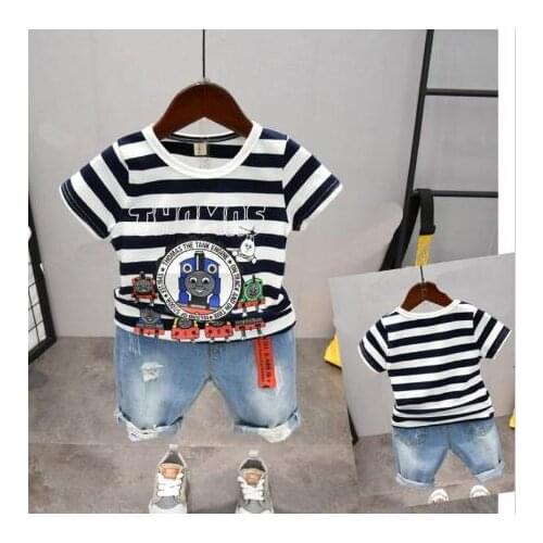 Boys childrens clothing childrens clothing set 2-6 years old boy cotton striped cartoon T-shirt shorts 2 pieces / sets