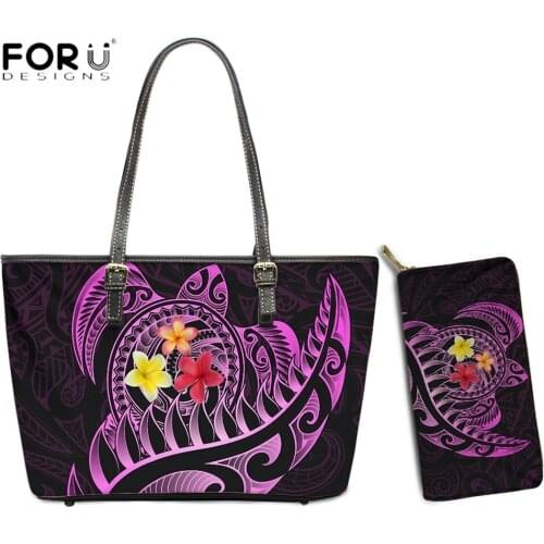 FORUDESIGNS Luxury Womens Bag Maori Turtle Silver Fern Polynesian Flower Print Lady Shoulder Bag And Purse Set Large Totes Sac