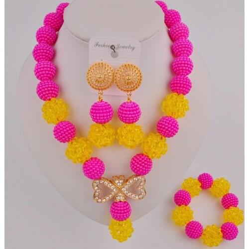 Fuchsia Pink and Yellow African Fashion Jewelry Set Women Nigerian Wedding Bridal Party Jewelry Set SP1-06