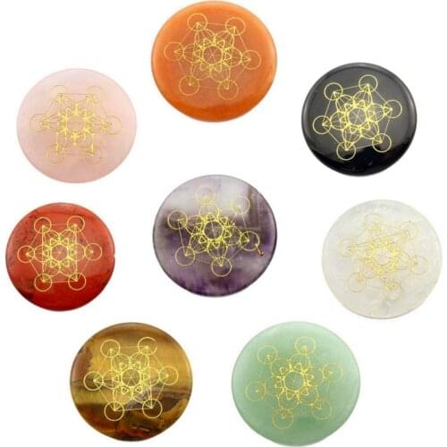 1pc Natural Stone Crystal Flower of Life Metatrones Cube Round Card Brand 30mm Decorations Feng Shui Wicca DIY Jewelry Making
