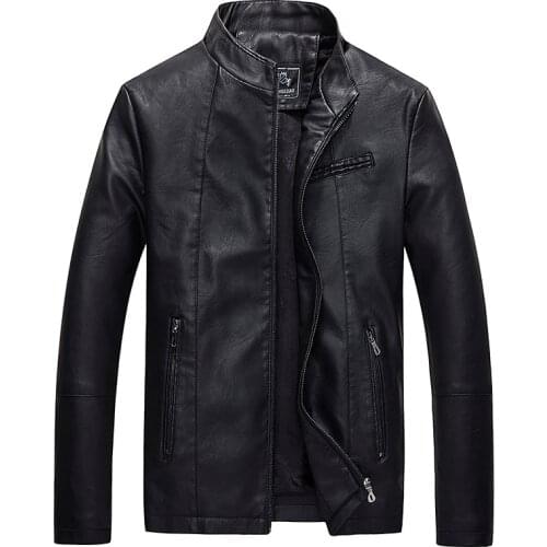 Mens Casual Leather Jacket with Stand Collar Autumn Winter Clothes