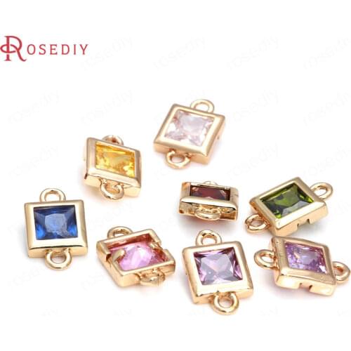 10PCS 8MM 24K Champagne Gold Color Brass and Zircon 2 Holes Square Connect Charms Pendants Jewelry Making Supplies Diy Findings