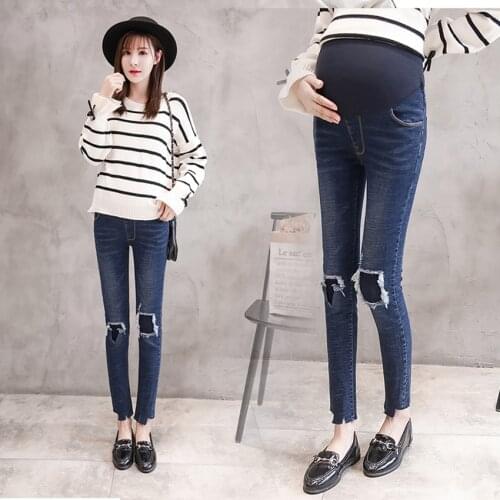 New spring and autumn maternity pants maternity wear casual pants stomach lift pants hole stretch stomach lift jeans