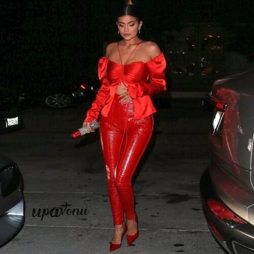 New Womens Two-Piece Set Kyliejenner Satin Off-Shoulder Open Top Back Zipper Red Crop Top & Leather Pencil Pants Sportswear Set
