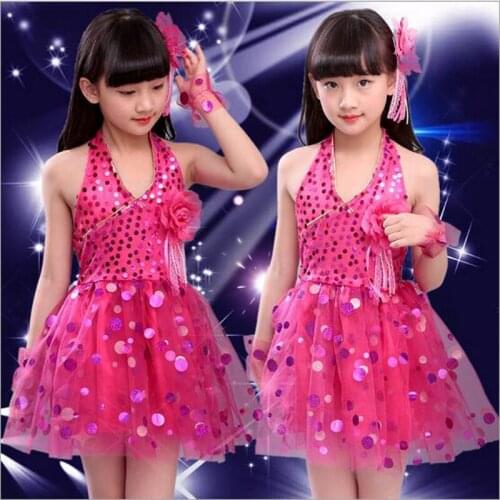 Girls Sequined Latin Dress Tutu Fashion Veil Dancewear Childrens Modern Stage Perform Clothes School Girl Group Dancing Dresses